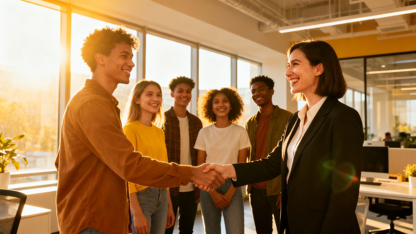 Young professionals in a modern office, shaking hands.