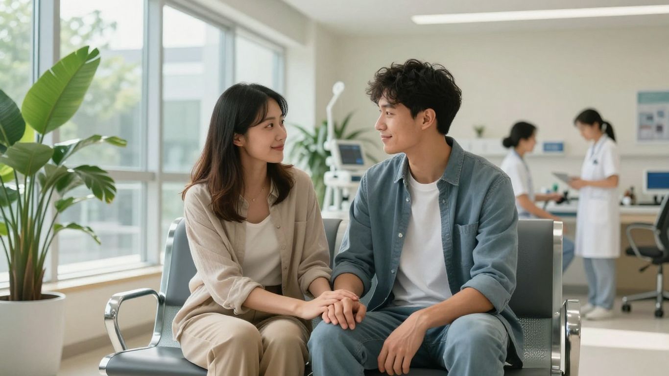 Couple waiting at fertility clinic in bright modern room