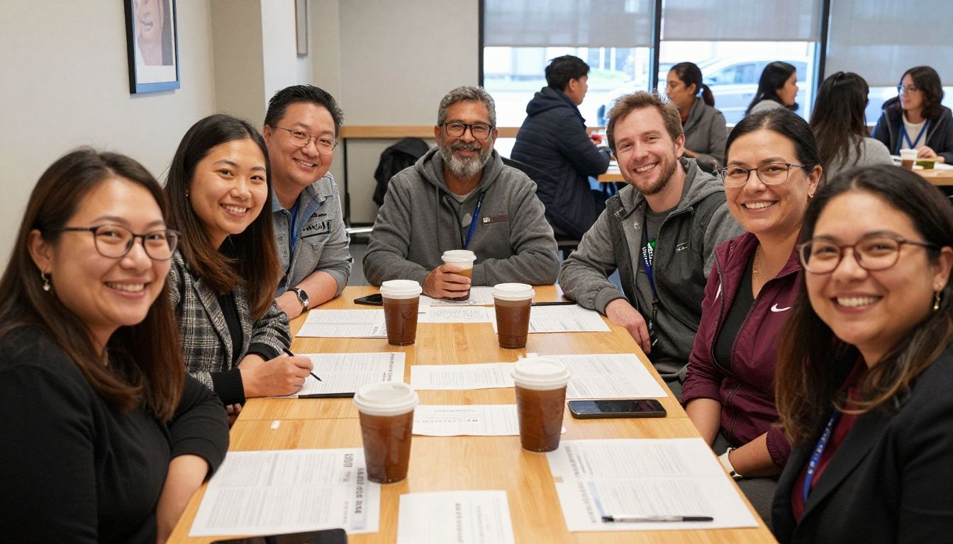 A diverse group of smiling people in Guelph, representing the community eligible for the Canada Dental Care Plan.