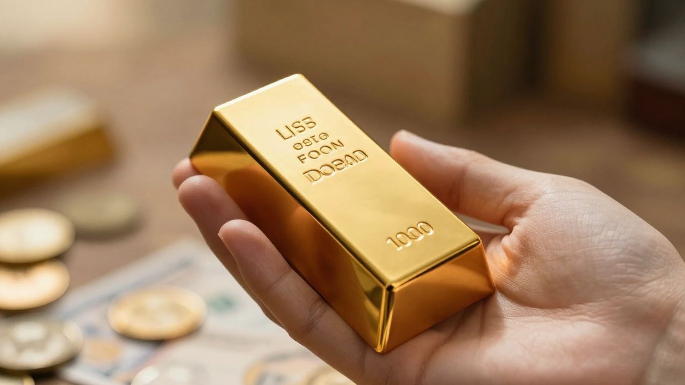 金手握著閃閃發光的金條。