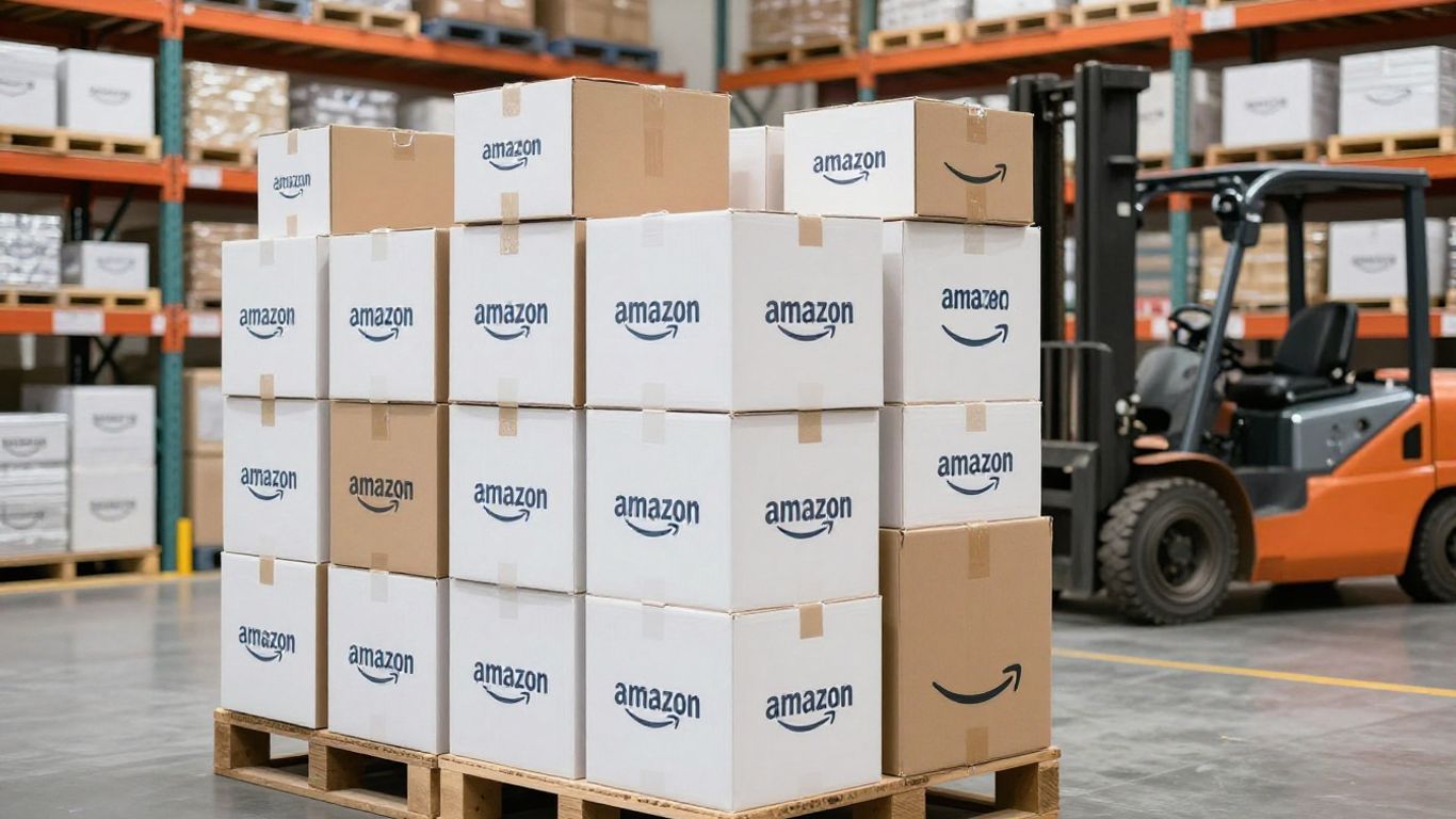 Amazon warehouse shelves with boxes and forklift.