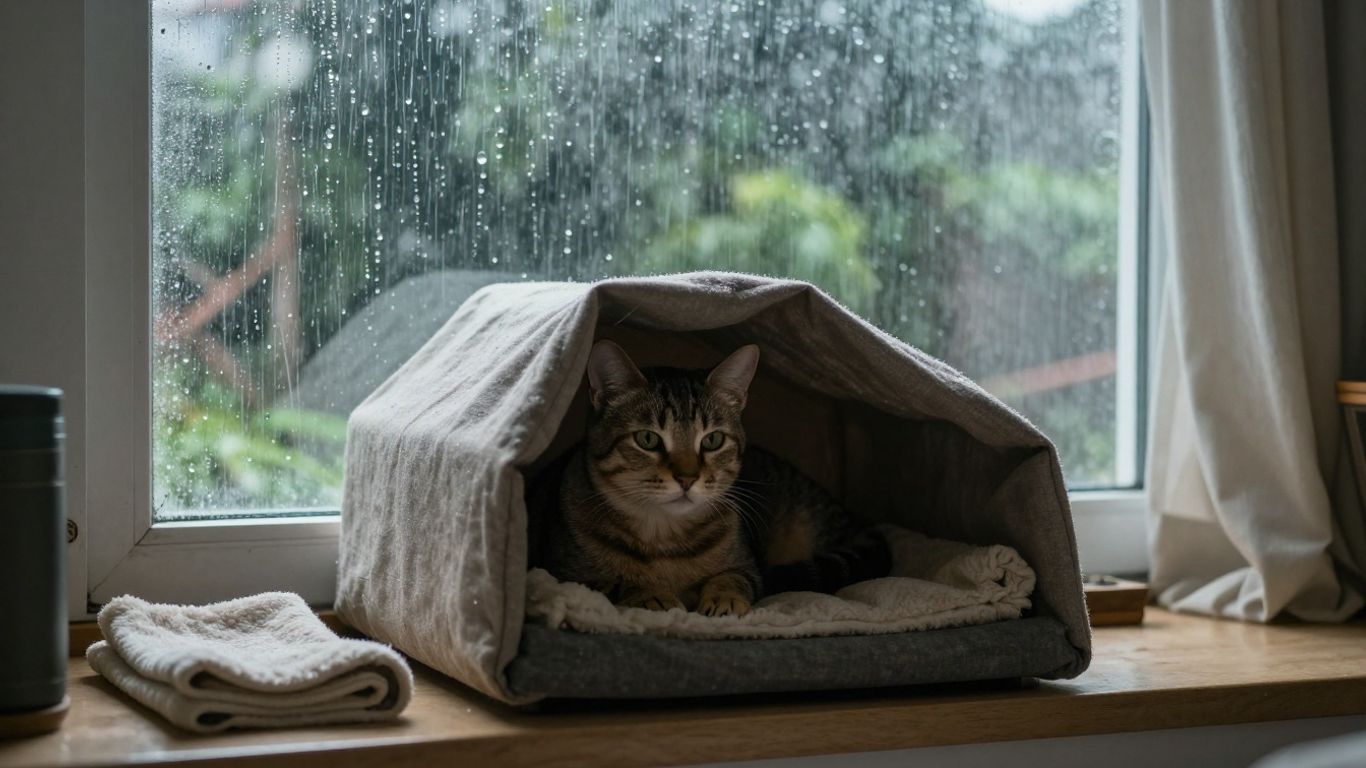 Cat watching rain from a sheltered indoor hiding place
