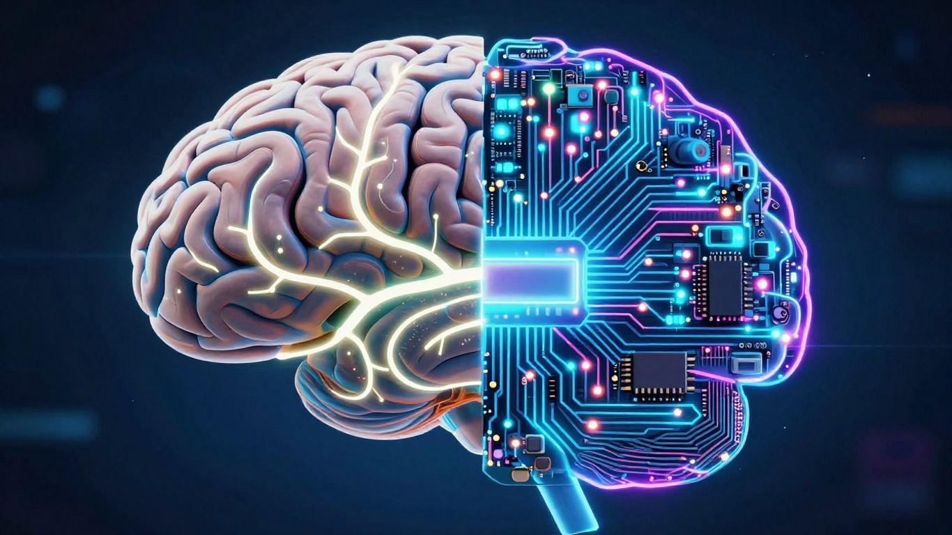 Human brain merging with AI circuit board, illustrative game style.