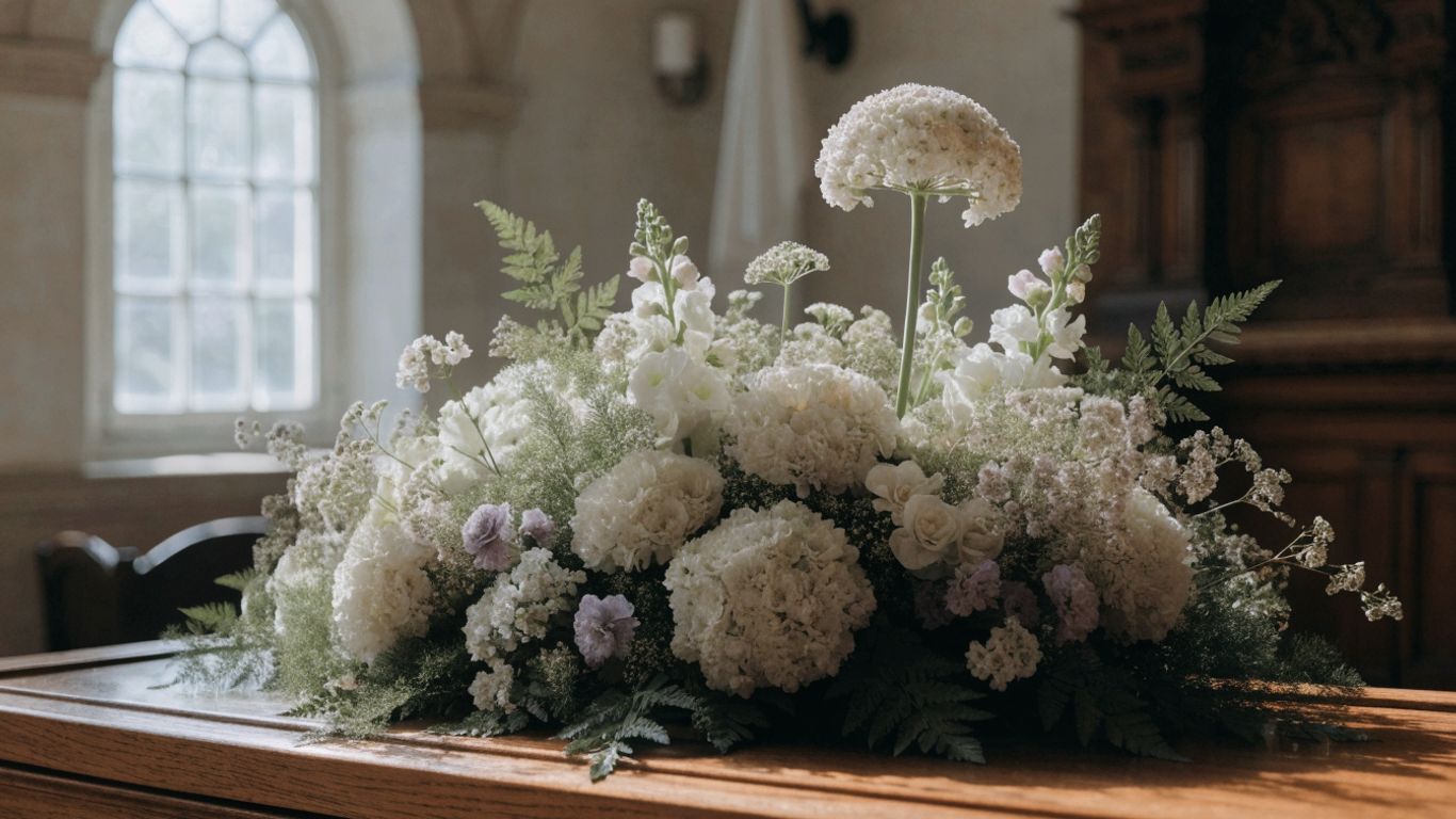 Personalized casket flowers in a calm service setting