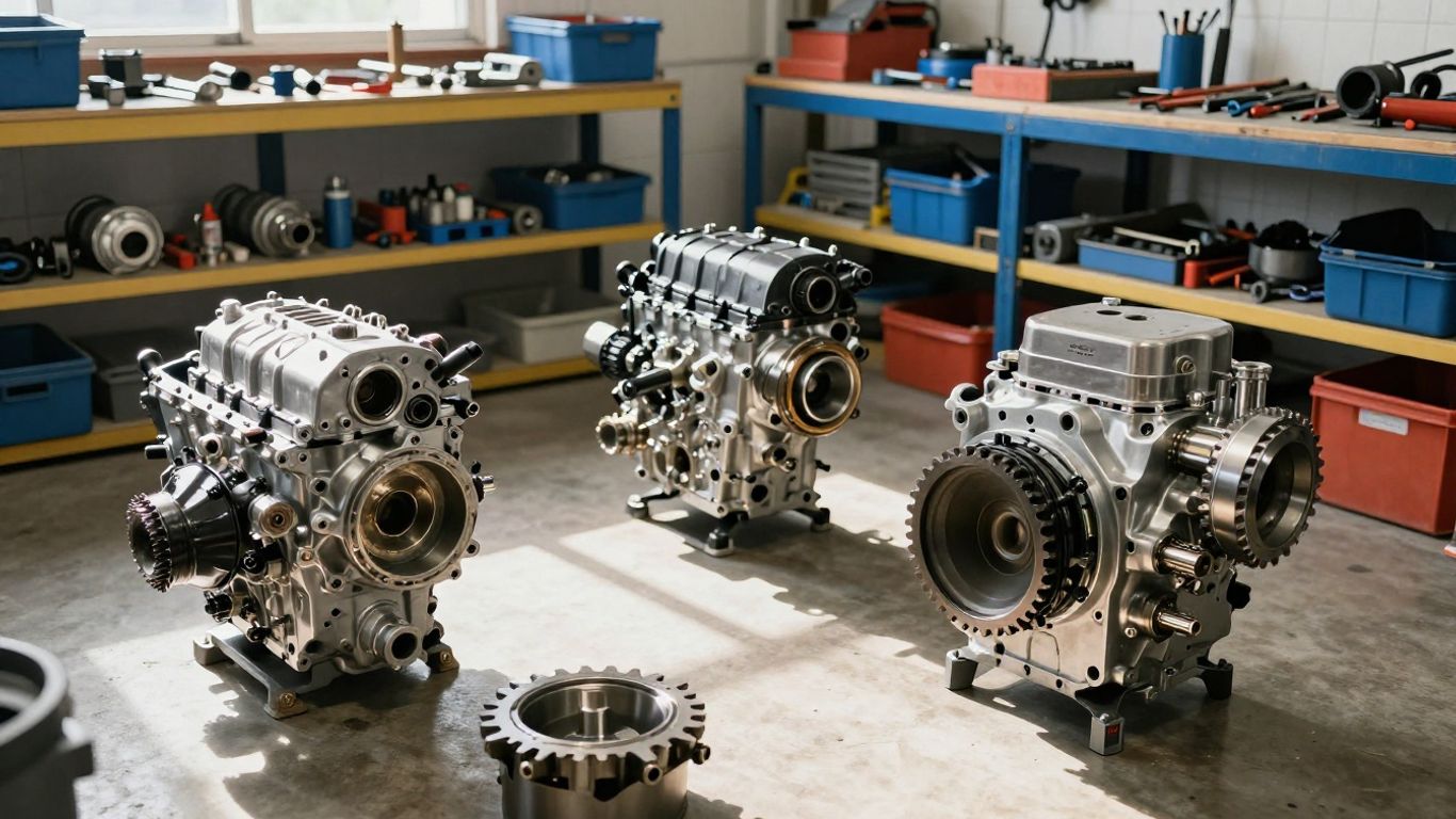Honda engines and gearboxes in a workshop.
