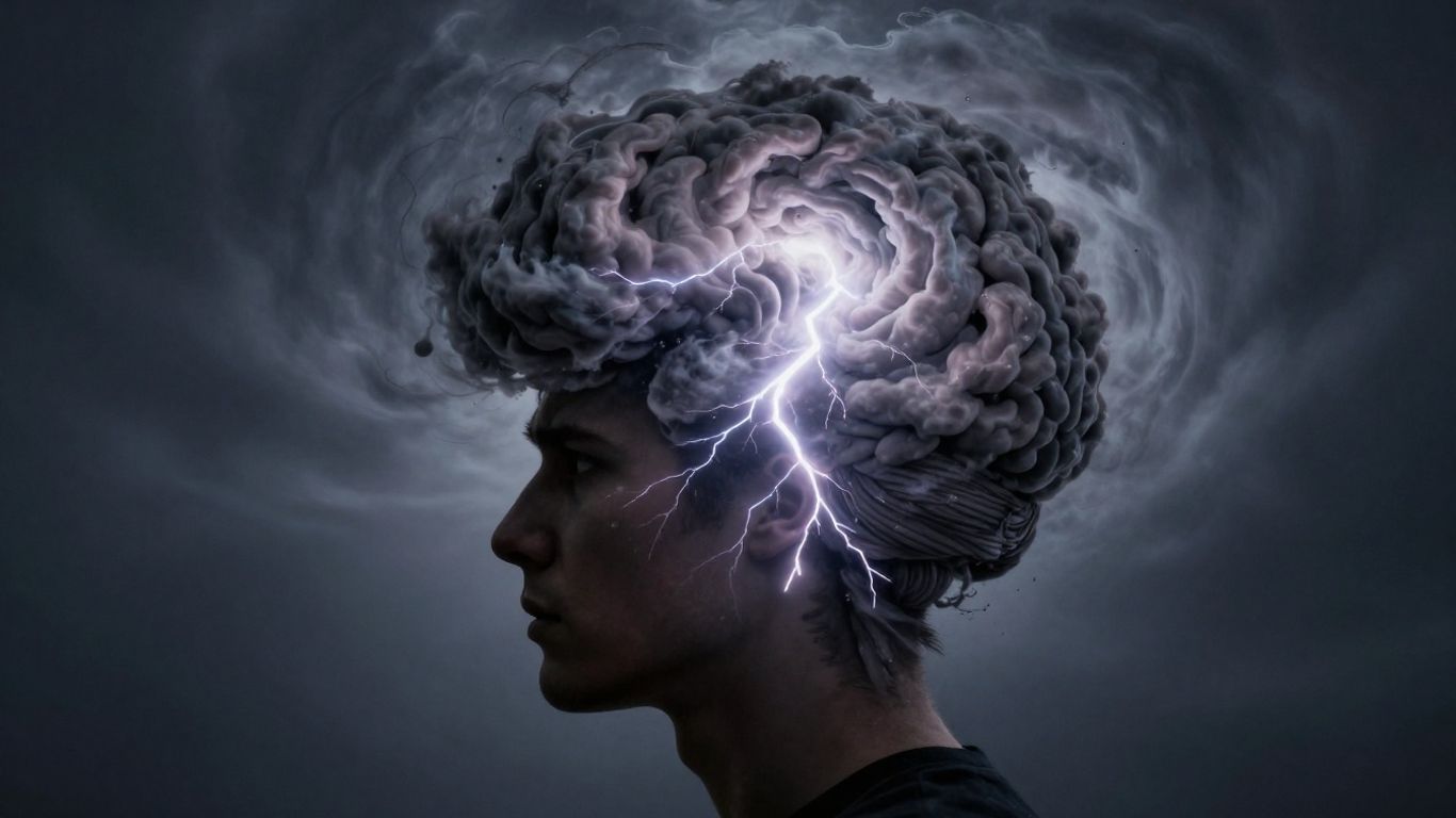 Cérebro com tempestade escura e caótica dentro.