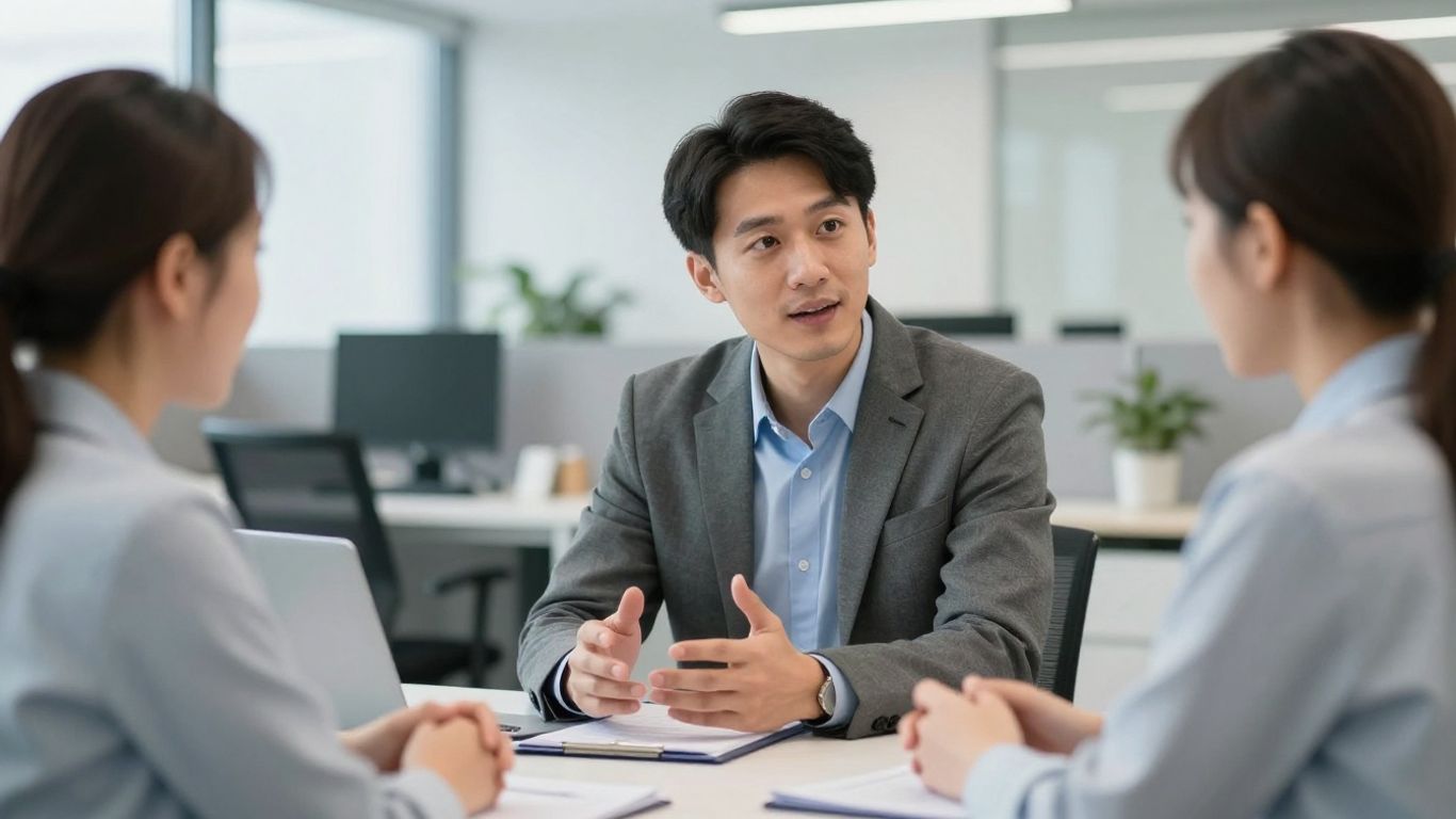 Zwei Fachleute diskutieren in einem modernen Büro.