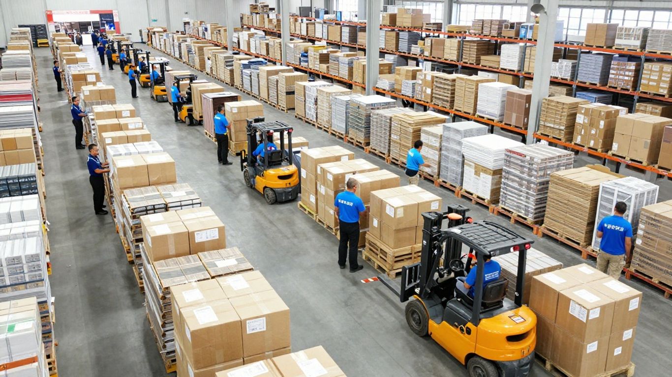 Distribution center operations with teams and forklifts.