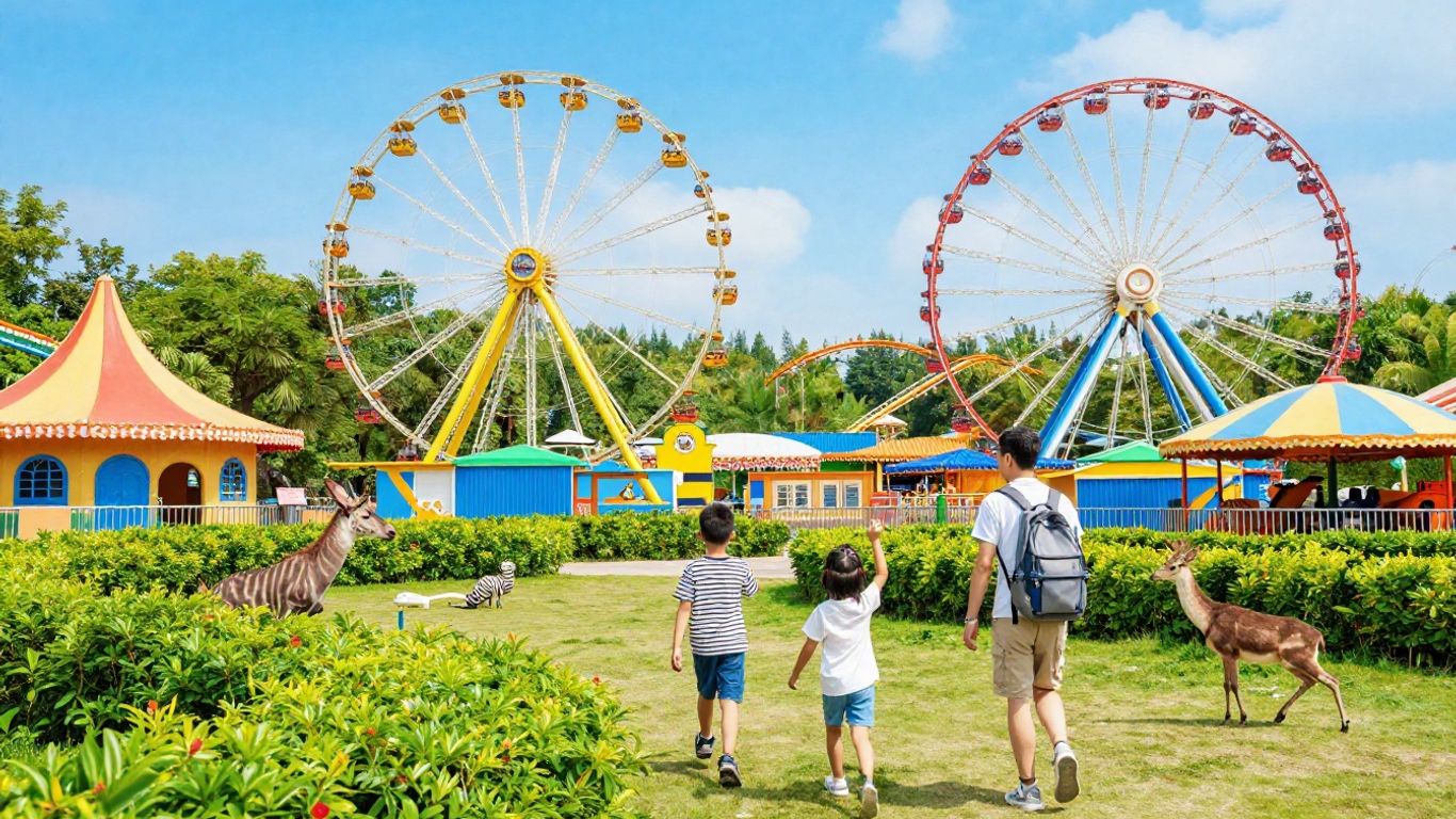 Gezin genietend van attracties en dieren in Bellewaerde pretpark.