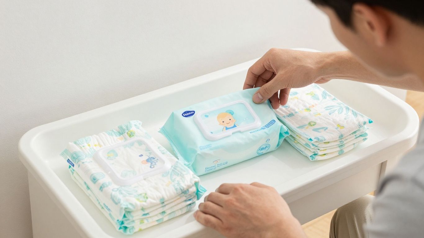 Dad organizing baby wipes and diapers for a new baby.