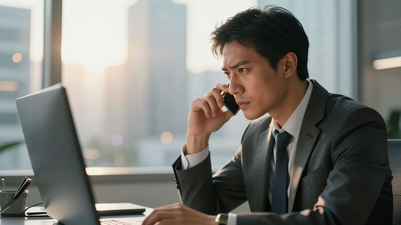 Focused trader in a sunlit room, city lights blurred.
