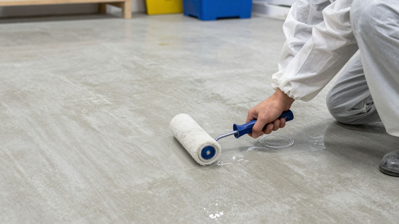 Technician applying sealer to concrete floor