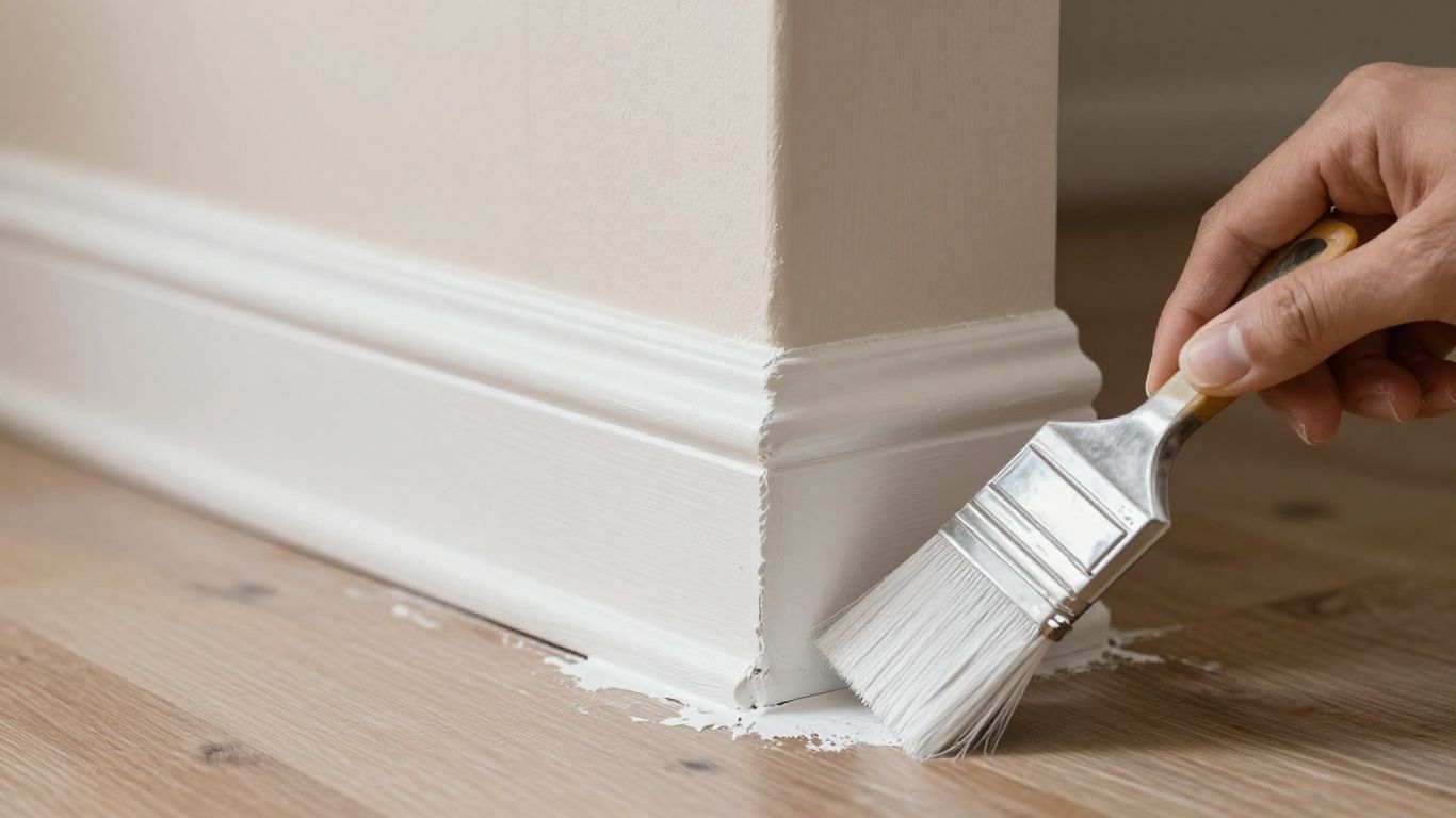 Painter applying white paint to trim and baseboard.