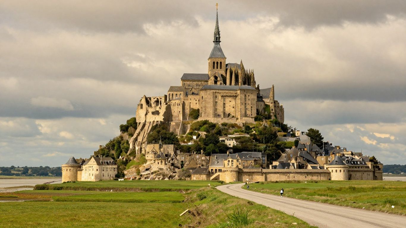 Mont Saint Michel rising above Normandy landscape