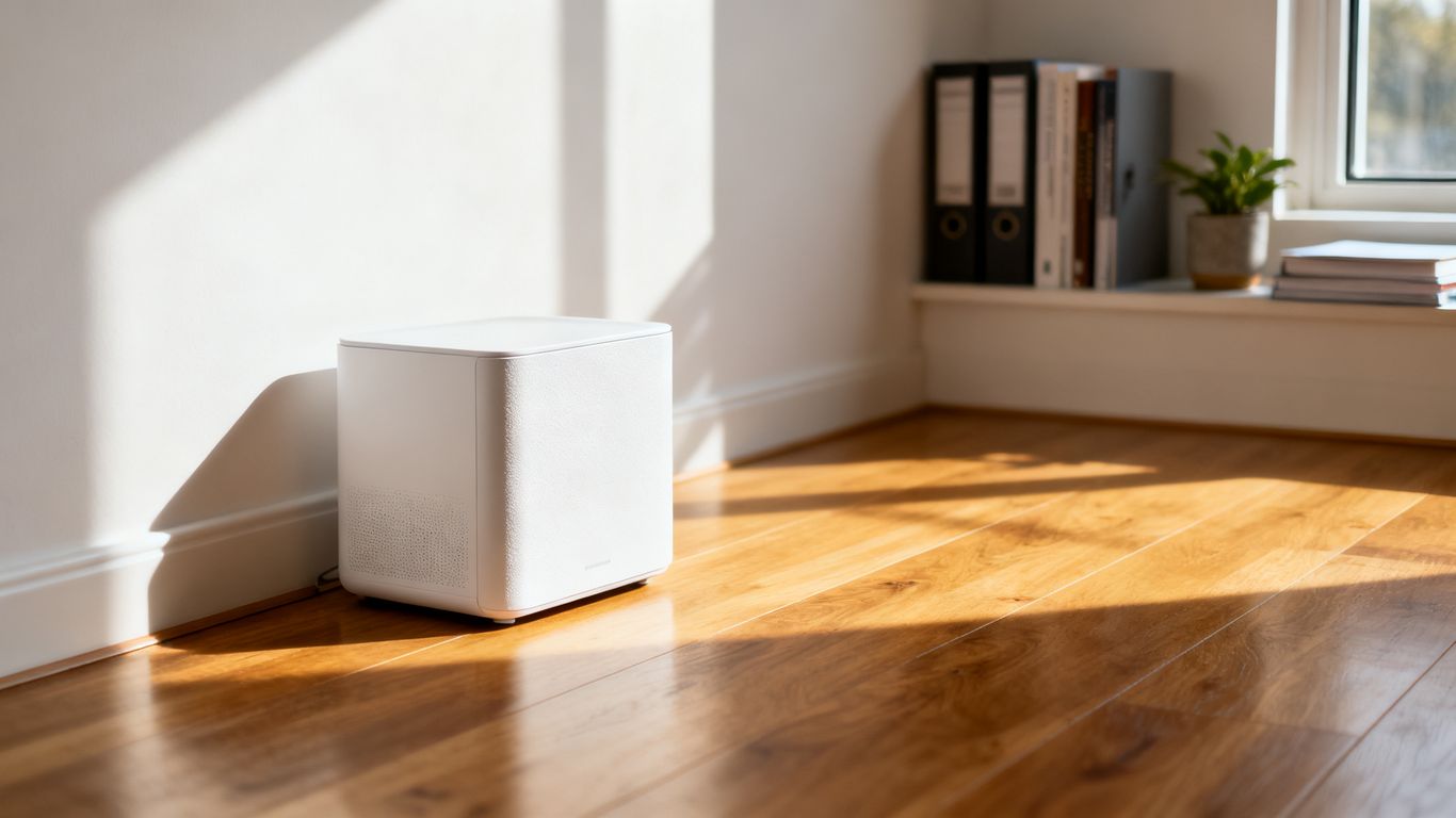 A organized home office setup featuring a humidifier.