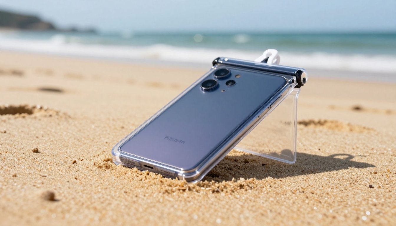 A person relaxing on a sandy Australian beach, using their Galaxy S25 FE which is safely enclosed in a clear, sealed waterproof case. The ocean is visible in the background.