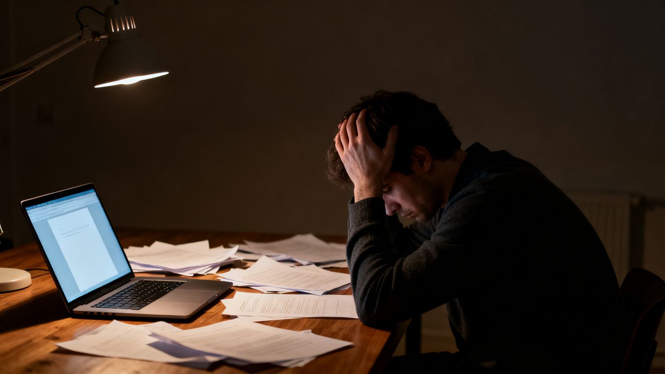 Frustrated person at desk after writing personal statement.