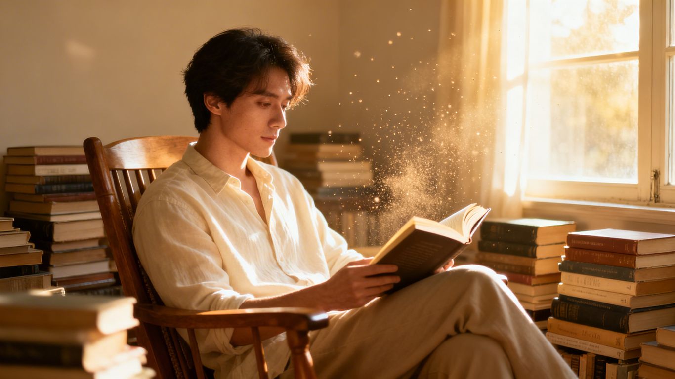 Person reading books, finding peace and purpose.