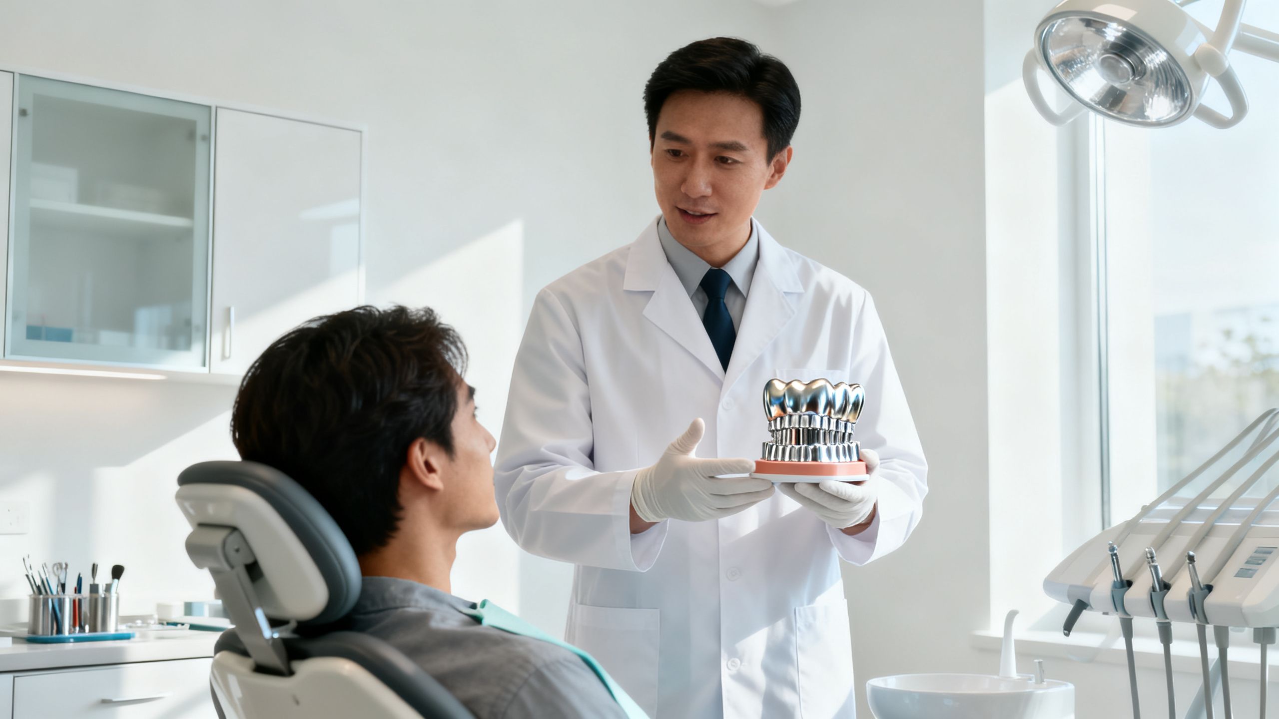 A dentist calmly explaining a dental crown model to a patient in a modern, clean dental office.
