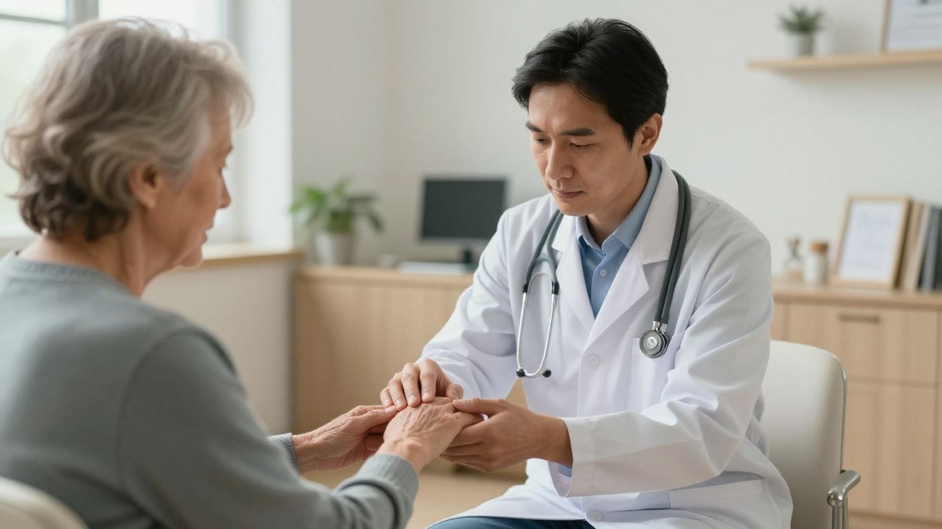 Neurologist caring for elderly patient's hands.