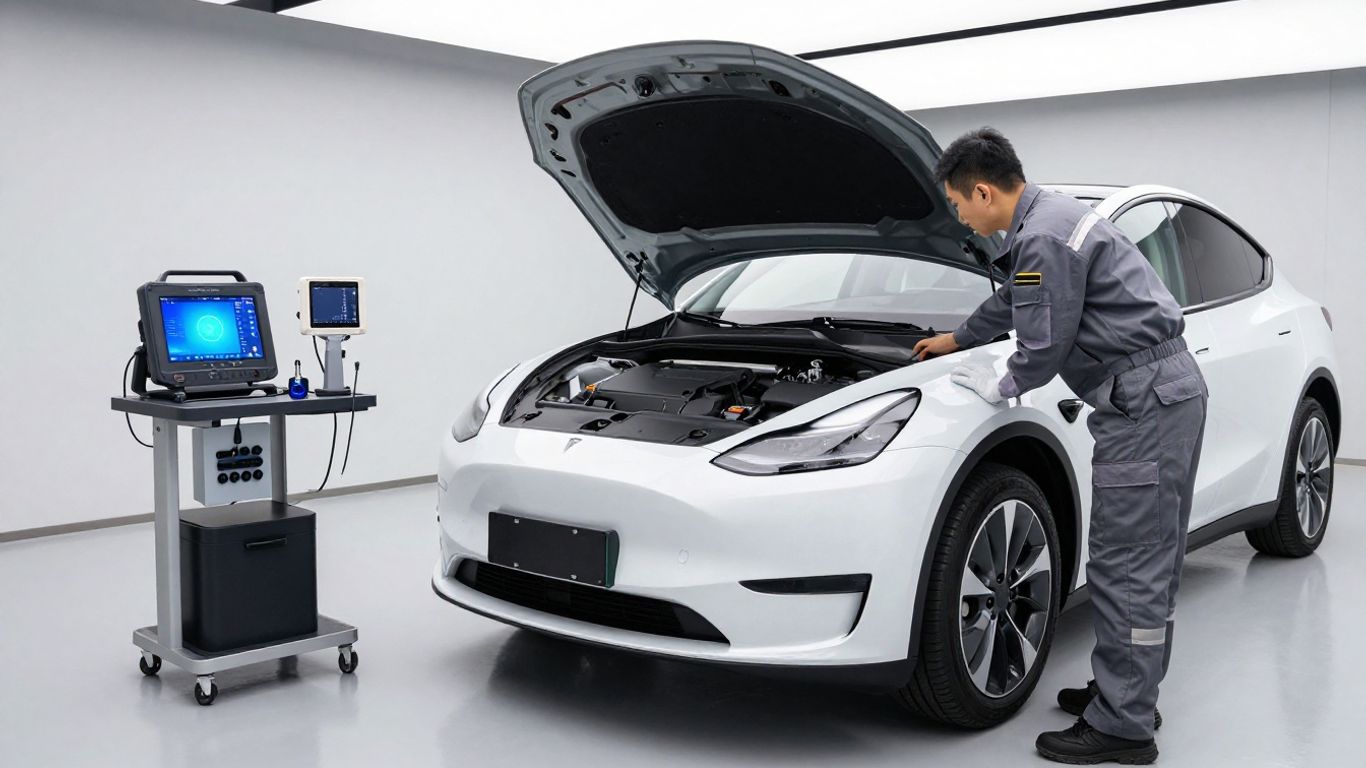Certified technicians inspecting modern vehicle components
