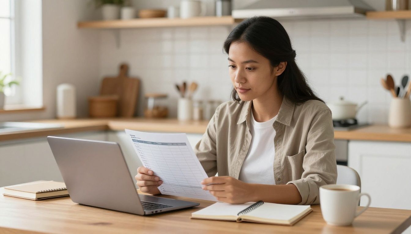 A diverse high-performing professional calmly reviewing a realistic weekly schedule at a kitchen table, with a laptop, notebook, coffee, and family-life details in the background; warm natural light, no visible text or letters