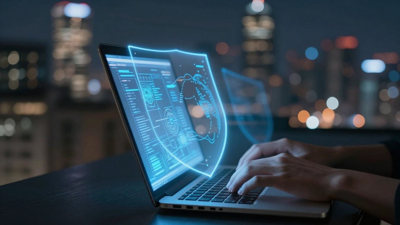 Digital shield protecting a laptop user from cyber threats.