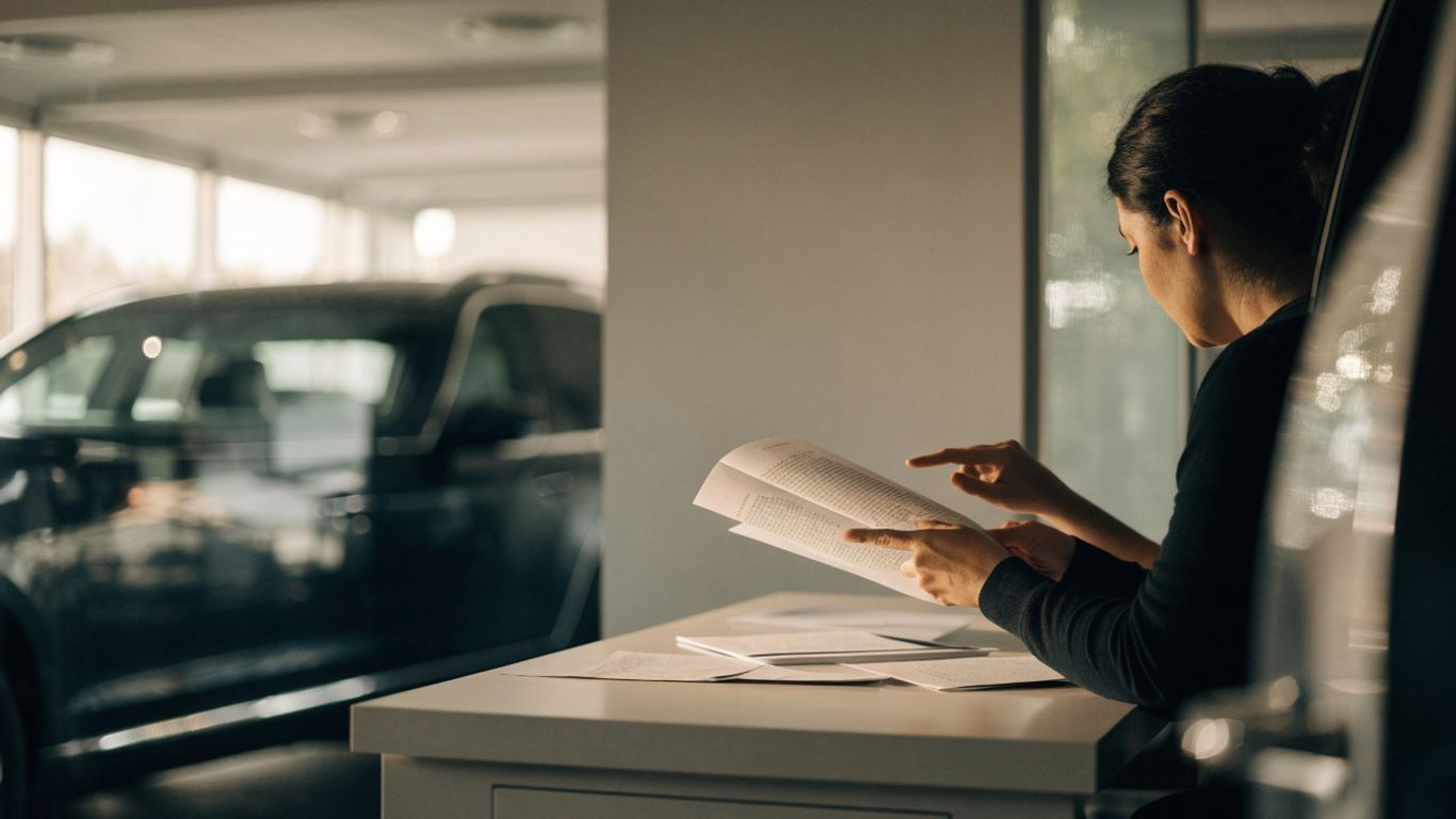 Buyer reviewing car finance papers beside a vehicle