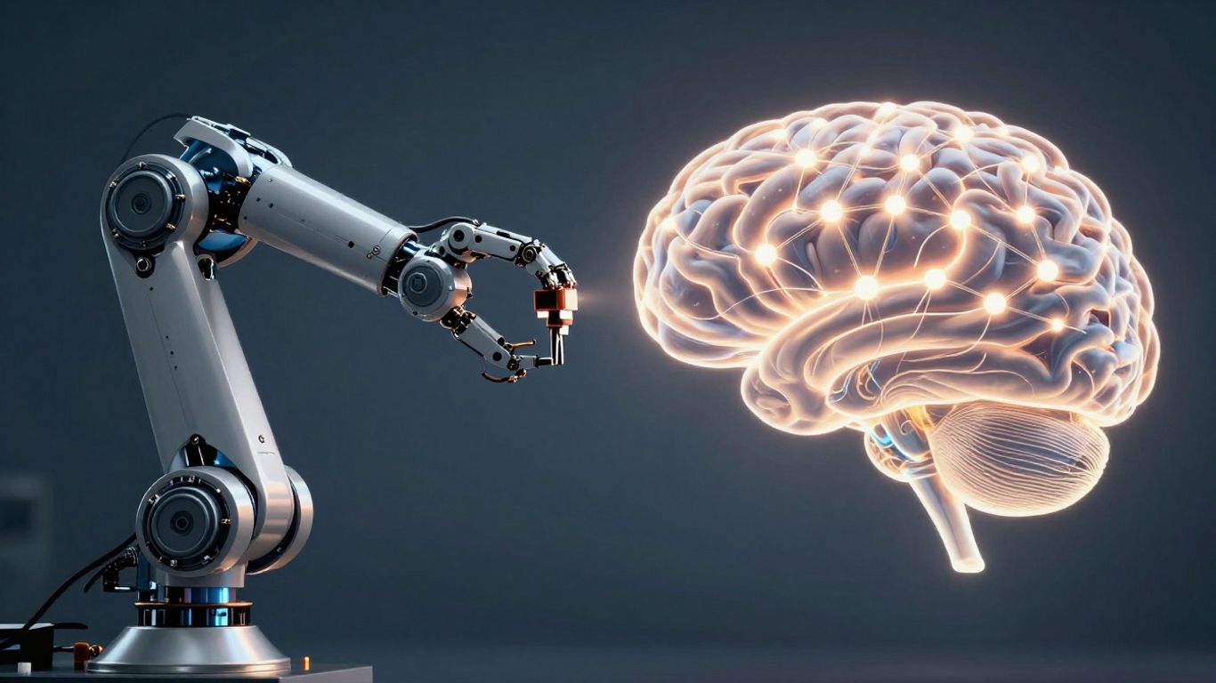 Robotic arm and glowing brain merging