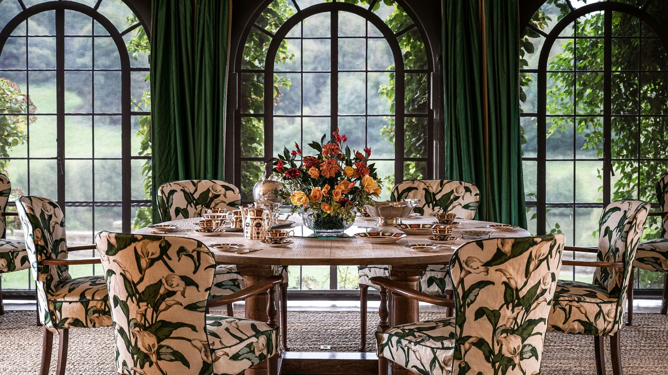 Round marble table in compact dining area