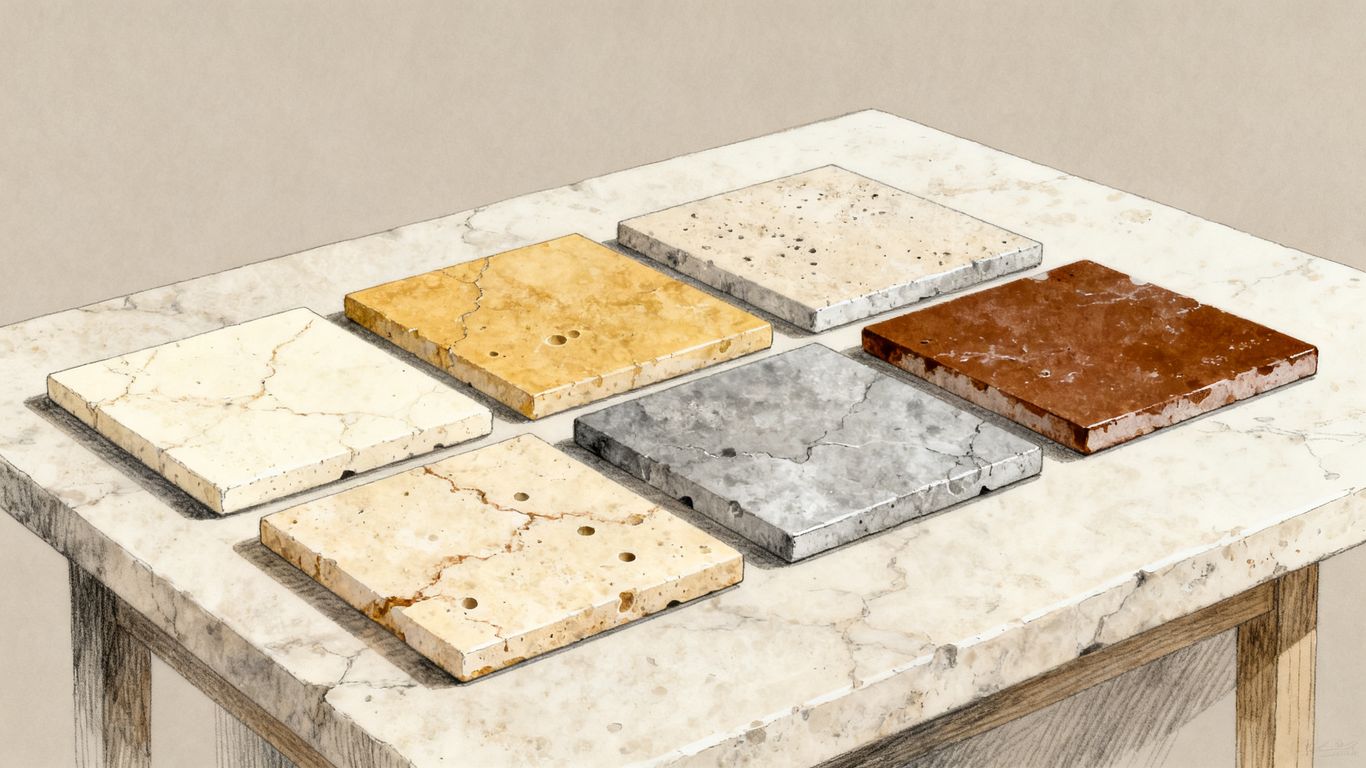 Ivory beige and gold travertine tile samples