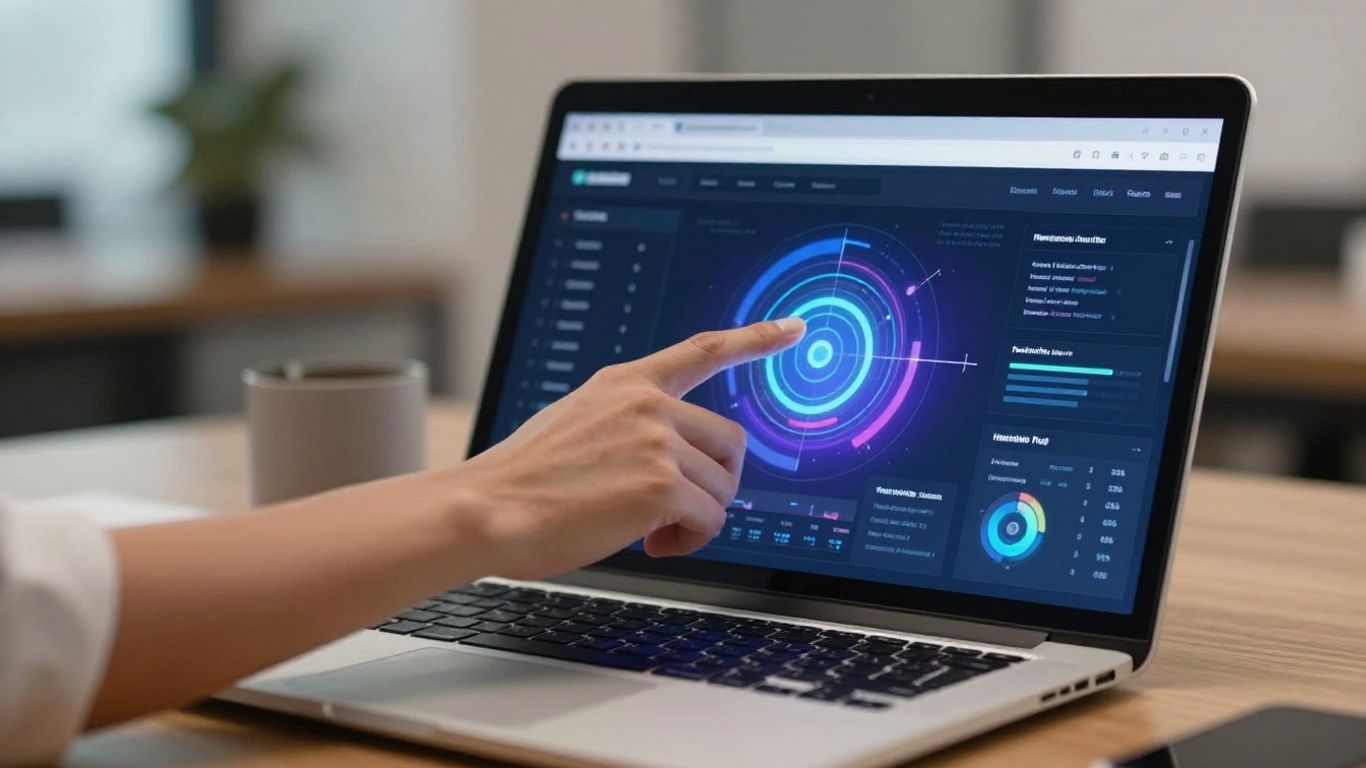 Laptop with digital marketing dashboard and hand interaction.