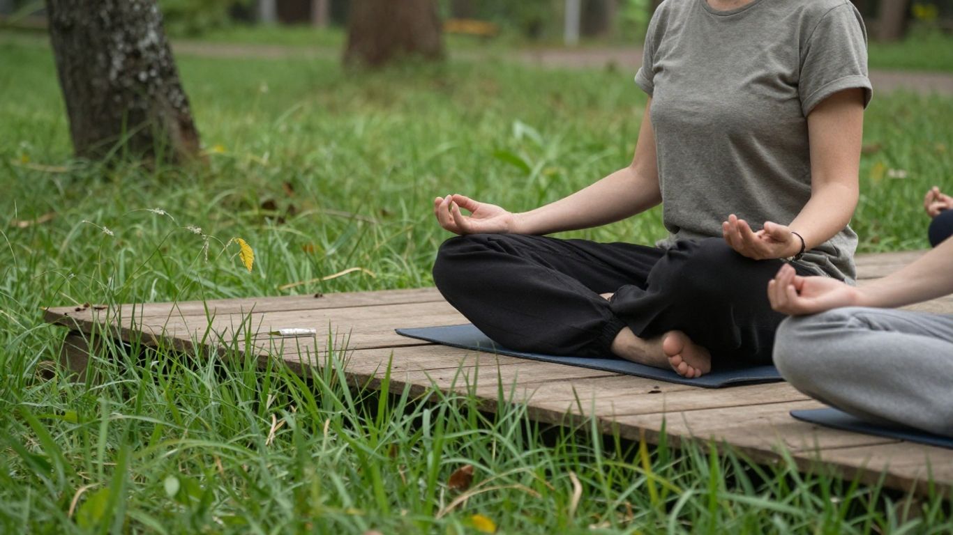 Person noticing calm breathing during a quiet outdoor meditation