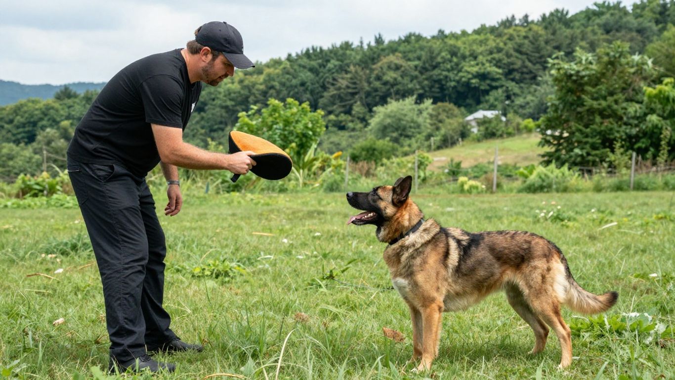 Dog and handler training outdoors in a natural setting.