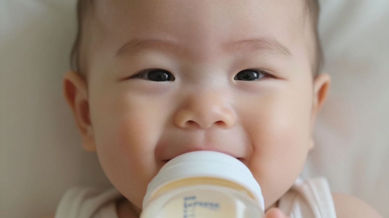 Bebé sonriendo con botella de leche sin lactosa.