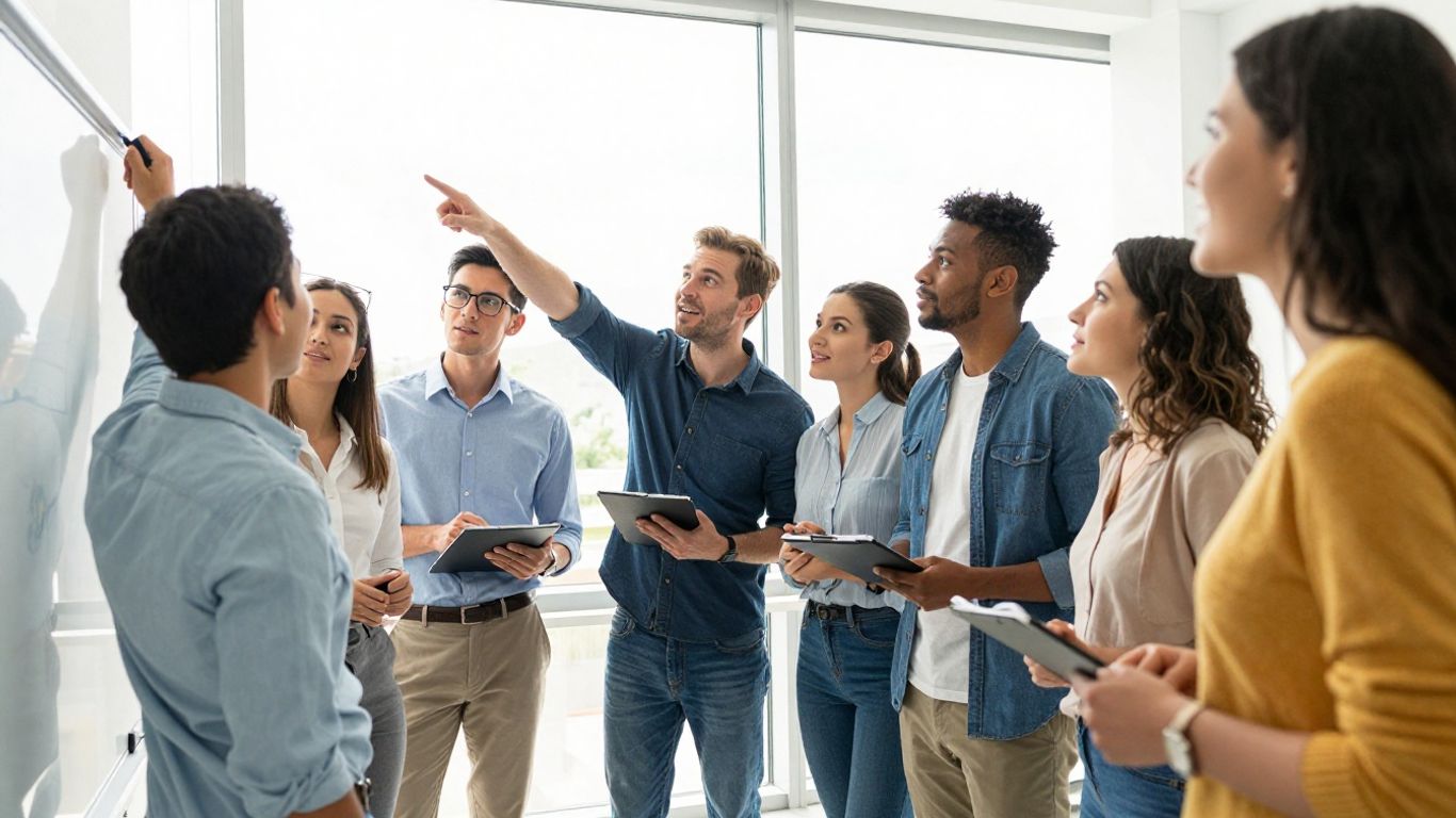 Marketing interns collaborating in a modern office.