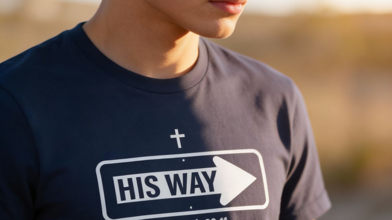 A person wears a navy t-shirt with a Christian message.