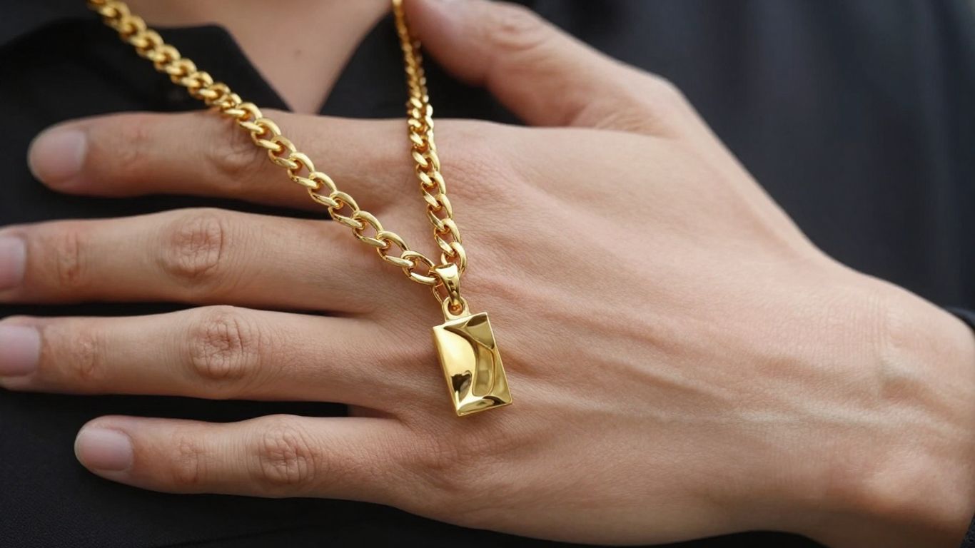 Man wearing a shiny gold chain necklace.
