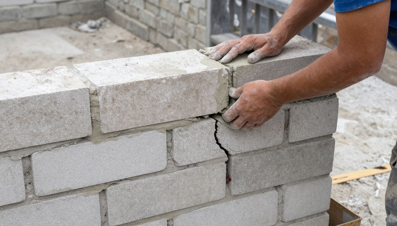 A plasterer preparing a brick wall for rendering, pointing out cracks and applying a base coat