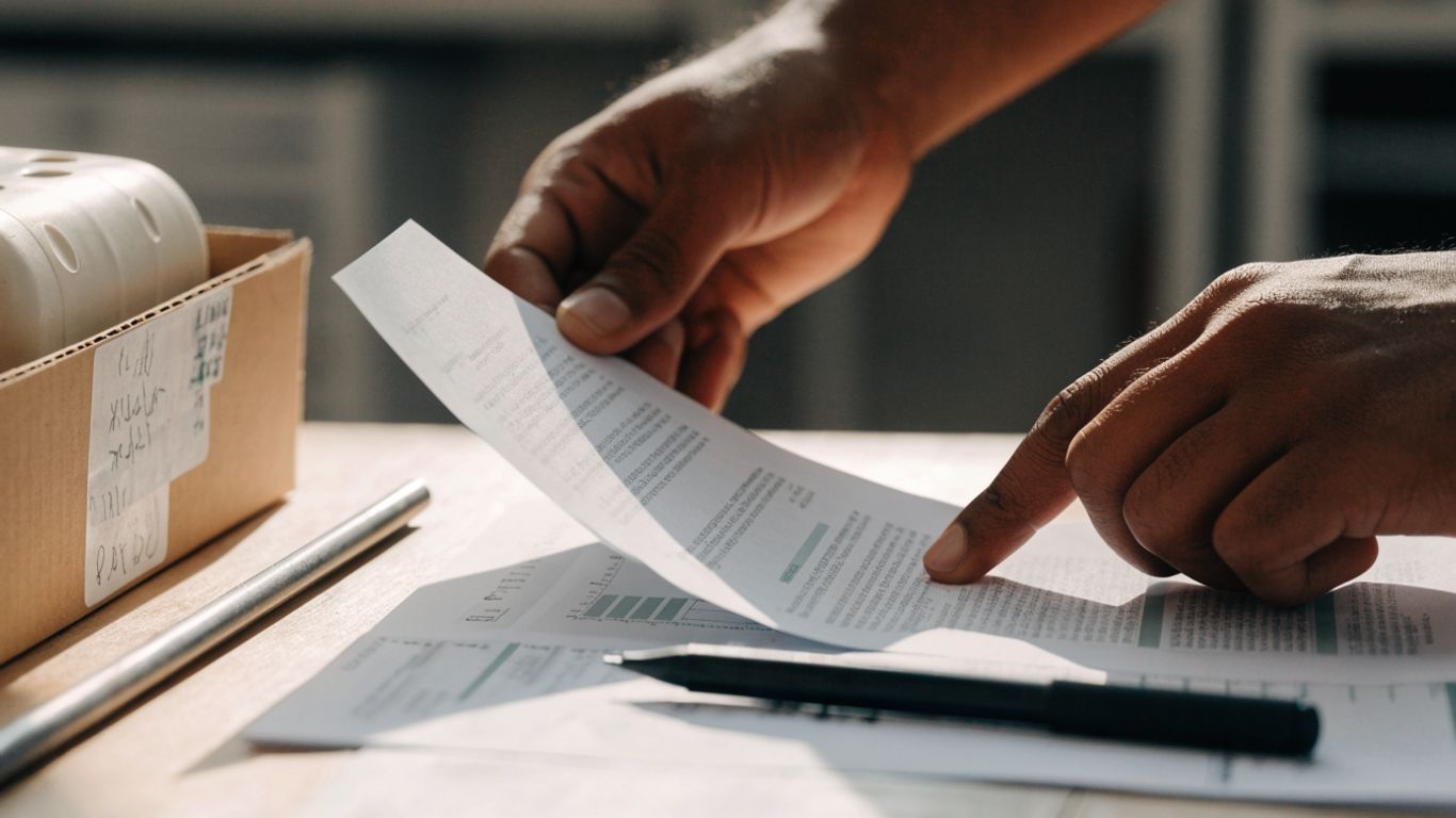 Close view of a technician reviewing test records