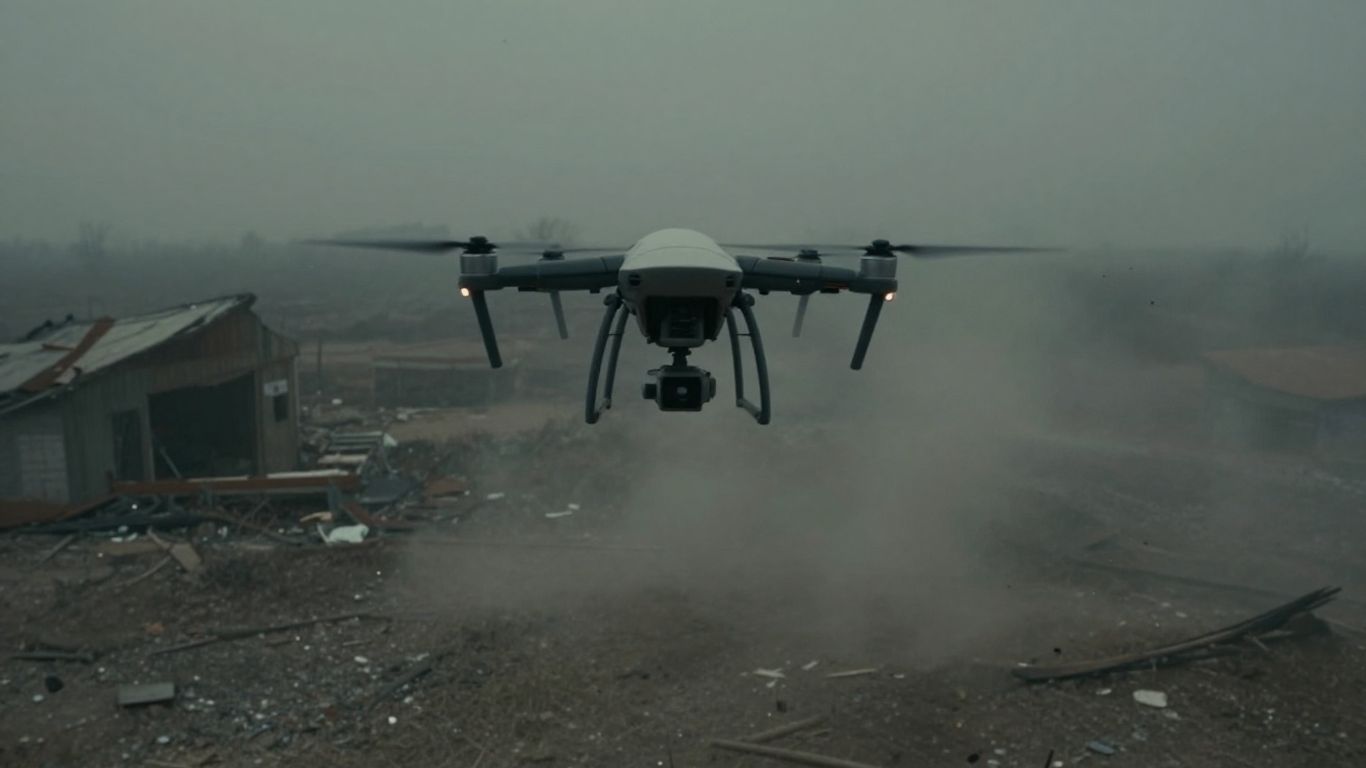 Drone hovering over a destroyed landscape.