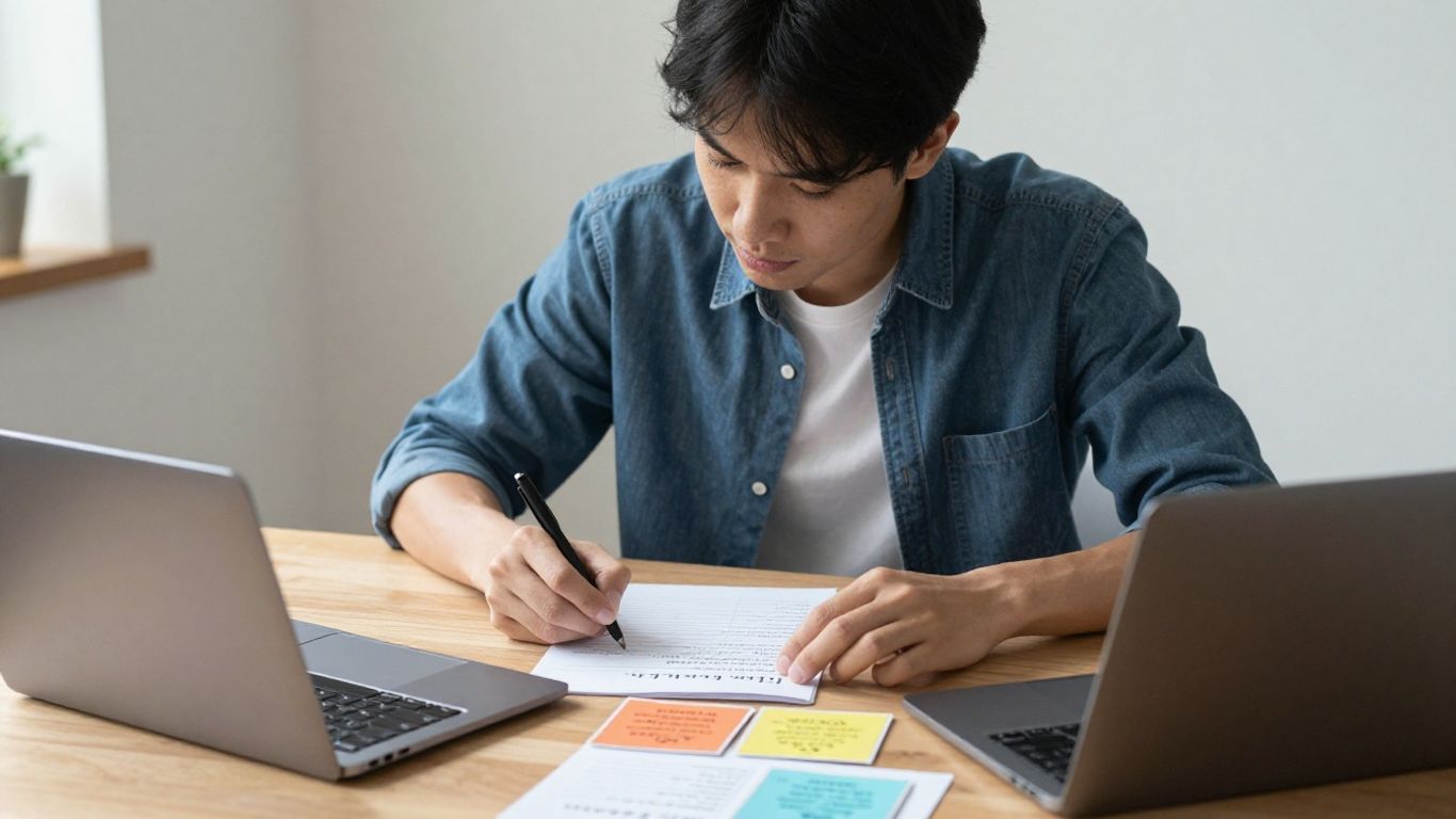 Candidate preparing interview stories at a tidy desk