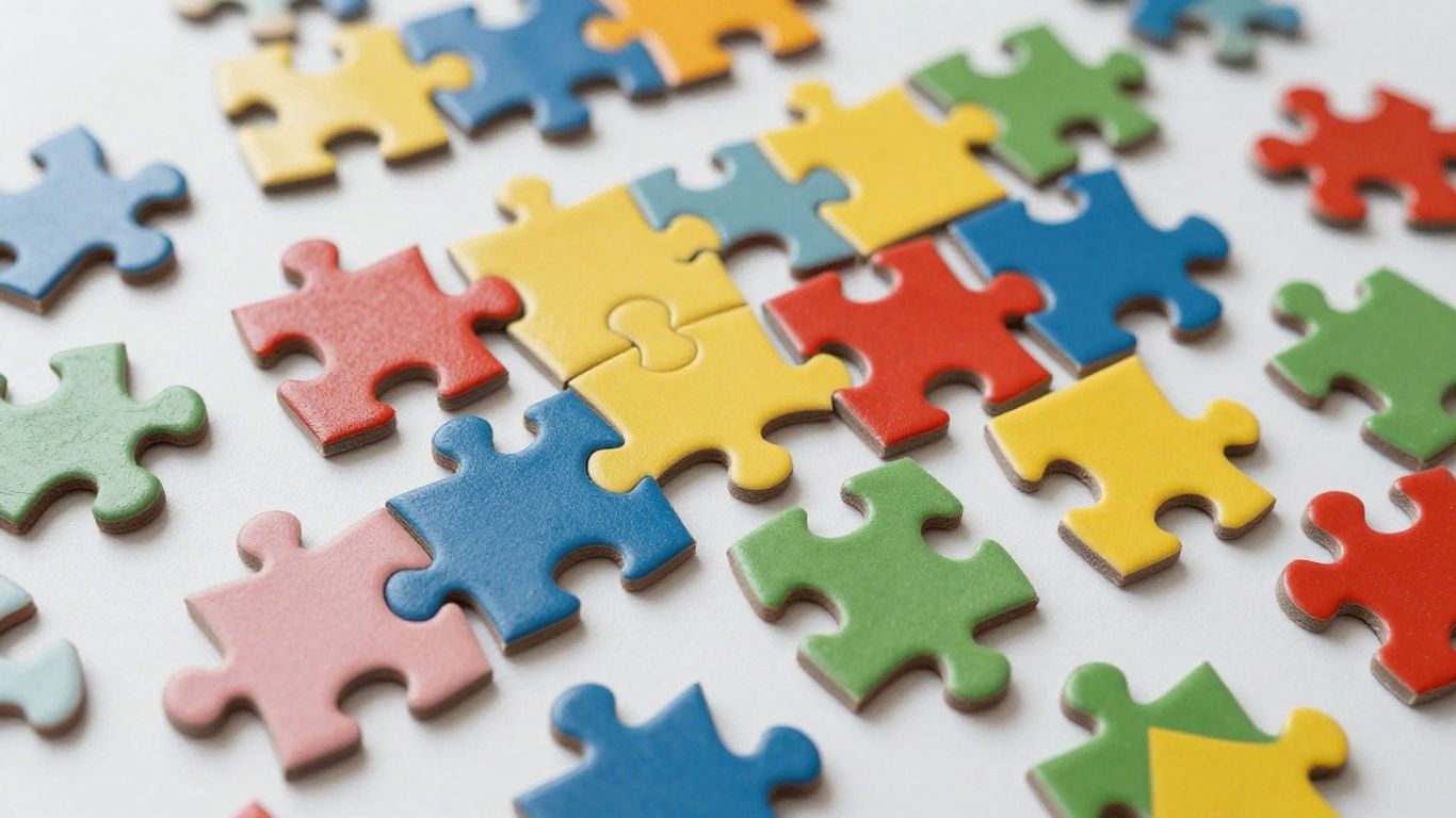 Interconnected puzzle pieces, colorful and challenging.