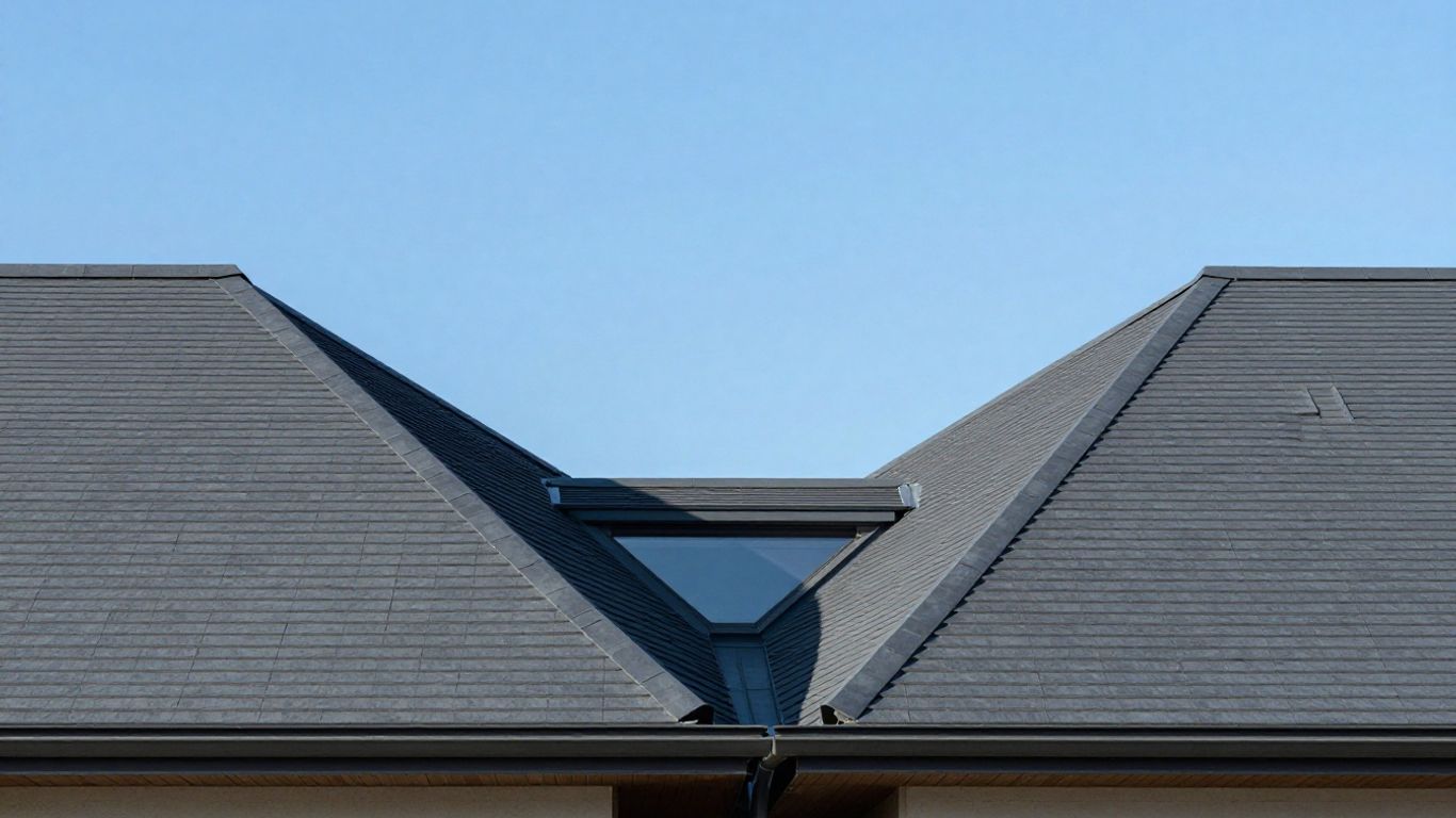 Modern house with a double-pitched roof on a sunny day.