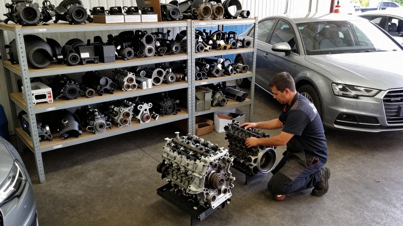 Sydney Audi wrecker inspecting dismantled vehicle parts