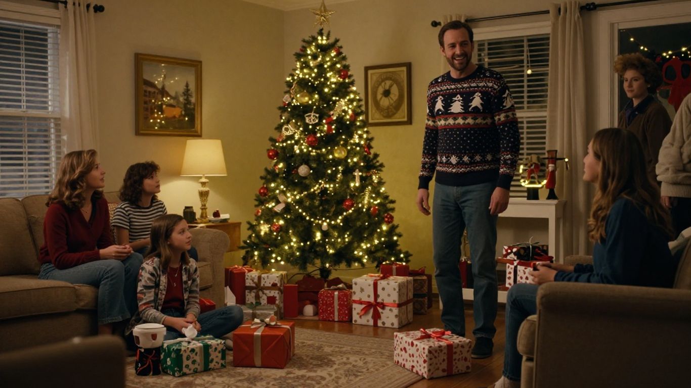 Chevy Chase and family in festive living room