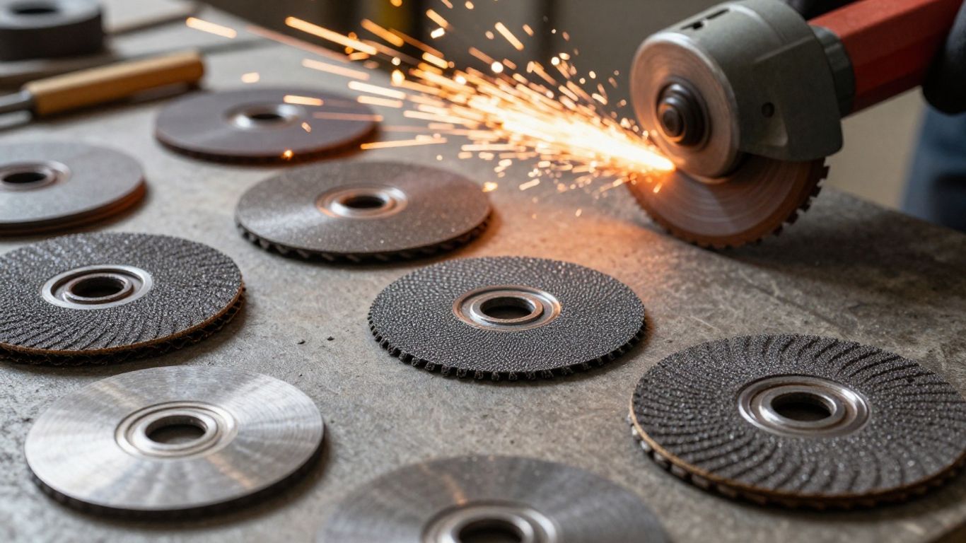 Close-up of abrasive discs for metal fabrication.