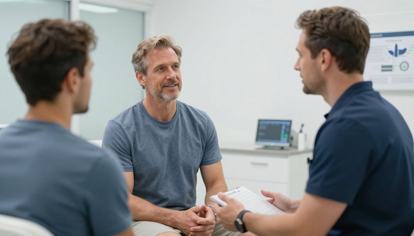 A realistic premium men’s health clinic scene with a qualified provider discussing acoustic wave therapy for erectile dysfunction with a confident white man in his 40s, modern clinical setting, subtle fitness and recovery cues, natural lighting, no logos or text.