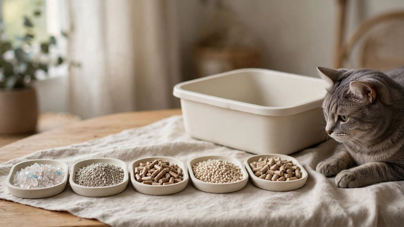 Cat litter materials arranged beside a clean box