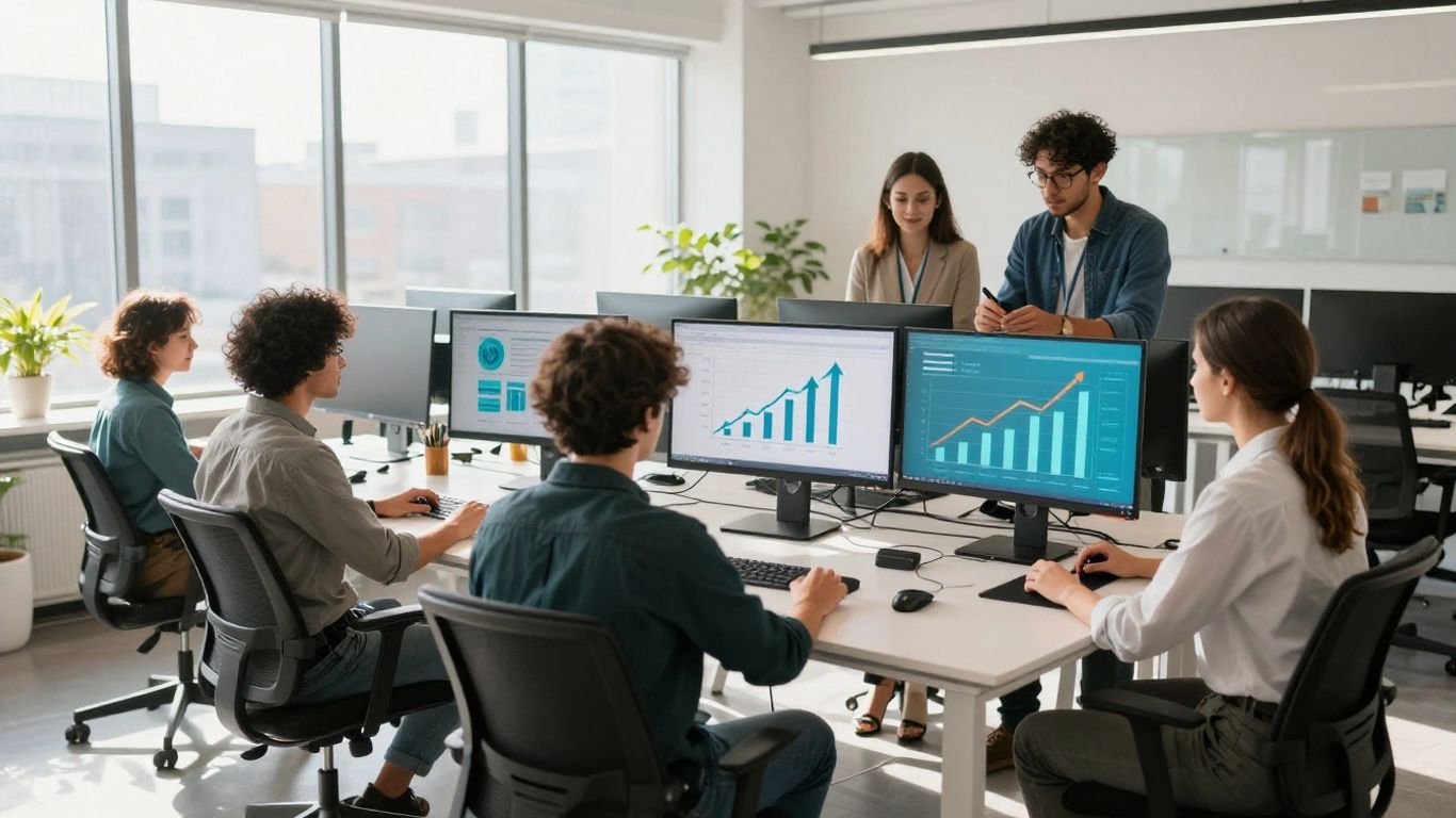 Equipe trabalhando em escritório moderno com gráficos de crescimento.